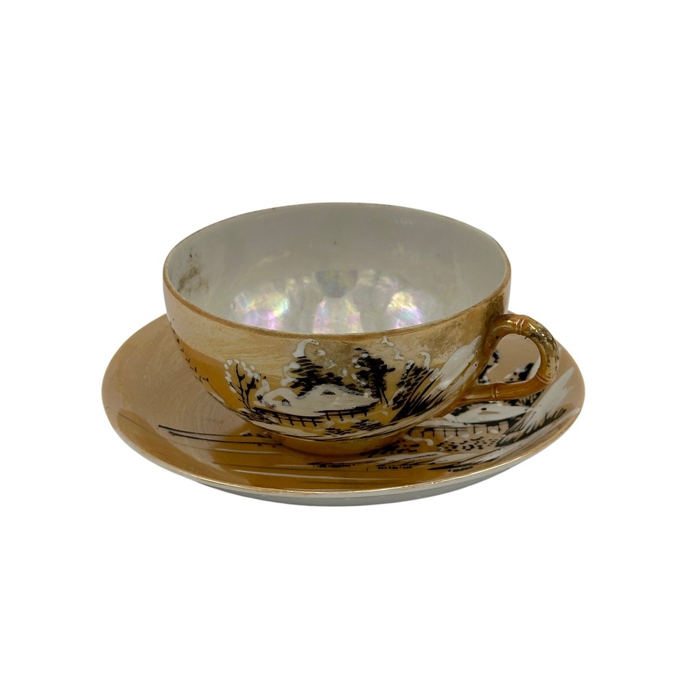 Vtg Takito Japan Lusterware Tea Cup Saucer‎ Orange Iridescent Winter Landscape